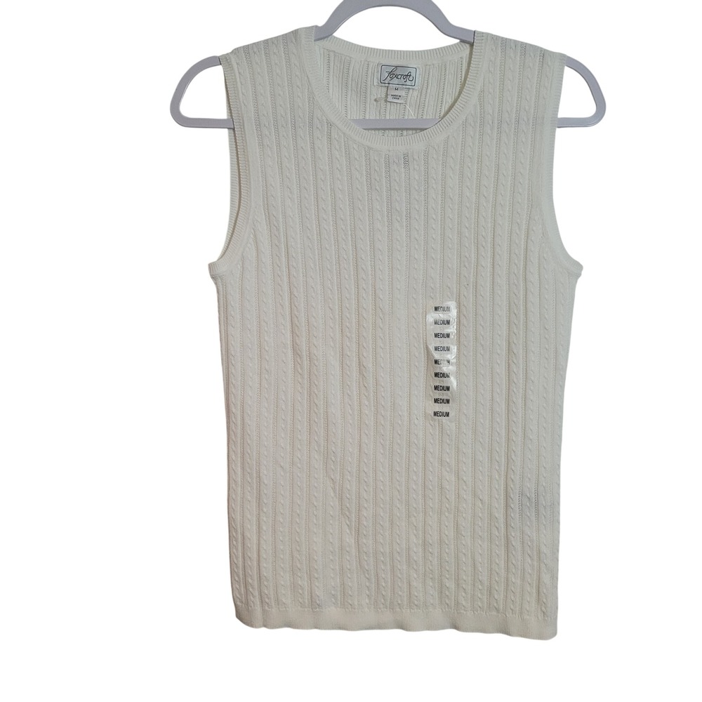 Foxcroft Women Ivory Supima Cotton Cable Knit Sleeveless Sweater Vest Medium NEW